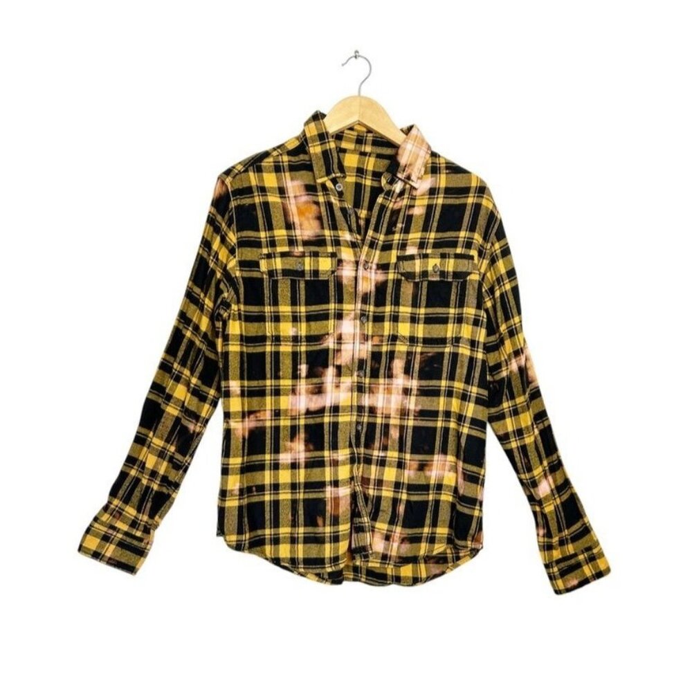 Unbranded Long Sleeve Splatter Plaid Flannel Shirt in Yellow/Black - Sz M*